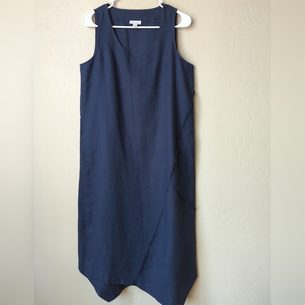 PureJill Sz PS Linen Asymmetrical Midi Pullover Dress Sleeveless Navy